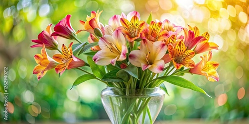 Alstroemeria blooms fill a simple vase, leaving room for text.