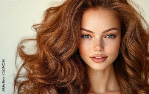 Beautiful woman with long curly hair smiling in fashion portrait with red nails and glamorous makeup