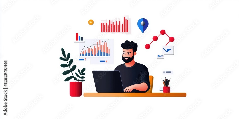 businessman analyzing market research data on laptop surrounded by creative materials and charts in a minimalistic workspace
