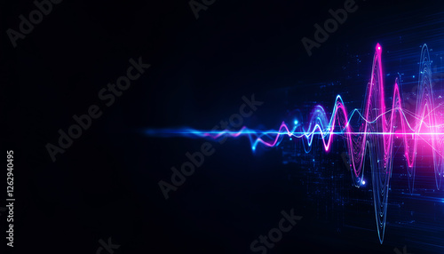 Abstract neon soundwave on dark background, representing digital waves, music, and futuristic audio technology.