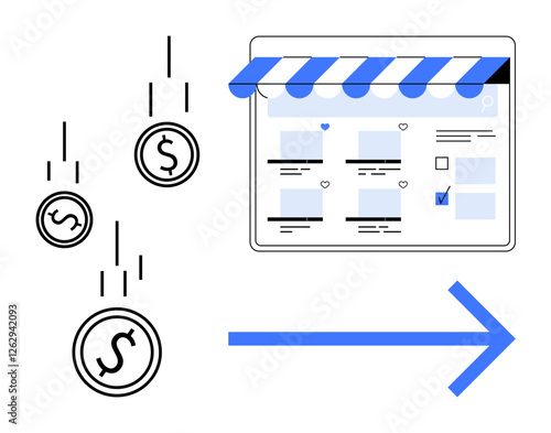 Falling money icons directed towards an online storefront with products and a check mark selection, followed by a rightward arrow. Ideal for e-commerce, financial transactions, online shopping