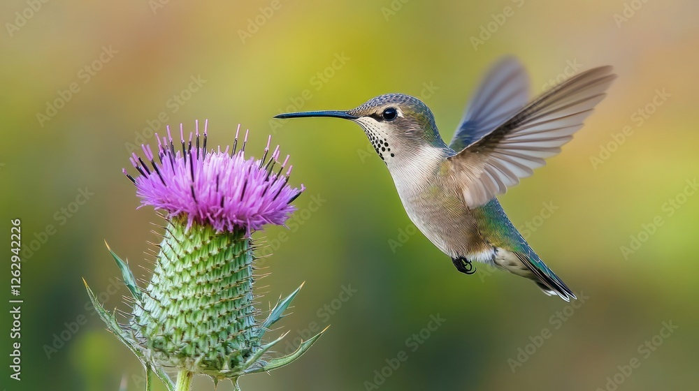 Fototapeta premium Hummingbird and Thistle: A Moment of Grace