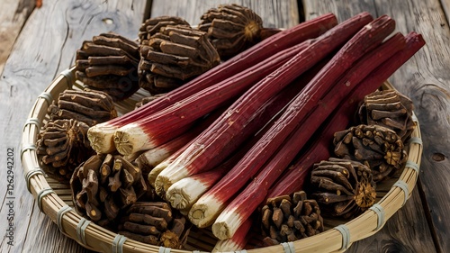 Licorice root arranged in a basket. photo