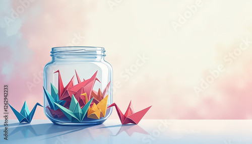 Colorful origami cranes in a glass jar with bright pastel background embodying creativity, inspiration, and artistic expression in a serene setting.