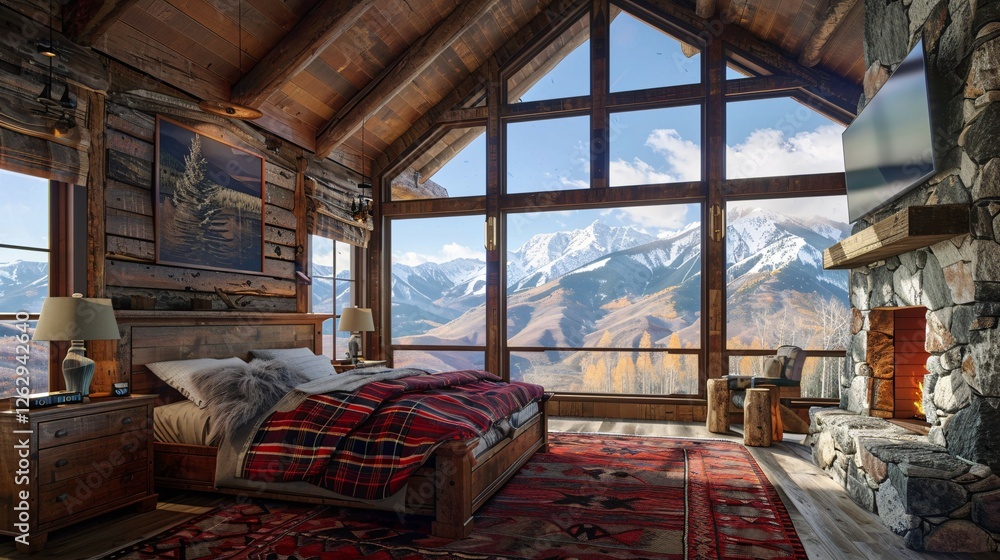 Fototapeta premium Rustic Cabin Bedroom Background with Mountain View and Stone Fireplace