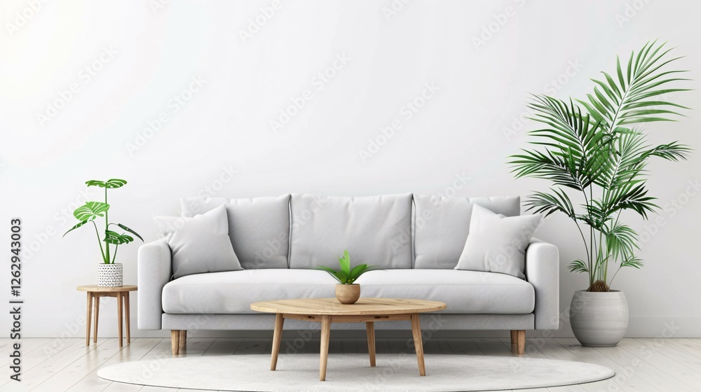 Minimalist Living Room Background with White Sofa and Green Plants Minimalist Living Room Background with White Sofa and Green Plants