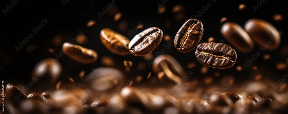High Resolution Macro Shot of Coffee Beans in Mid-Air with Dark Background and Low-Key Lighting High Resolution Macro Shot of Coffee Beans in Mid-Air with Dark Background and Low-Key Lighting