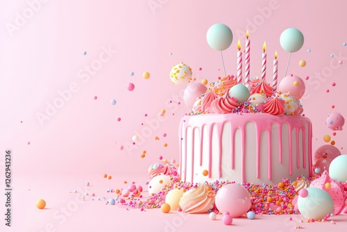 Pink Birthday Cake with Confetti, Studio Shot, Celebration, Dessert photo