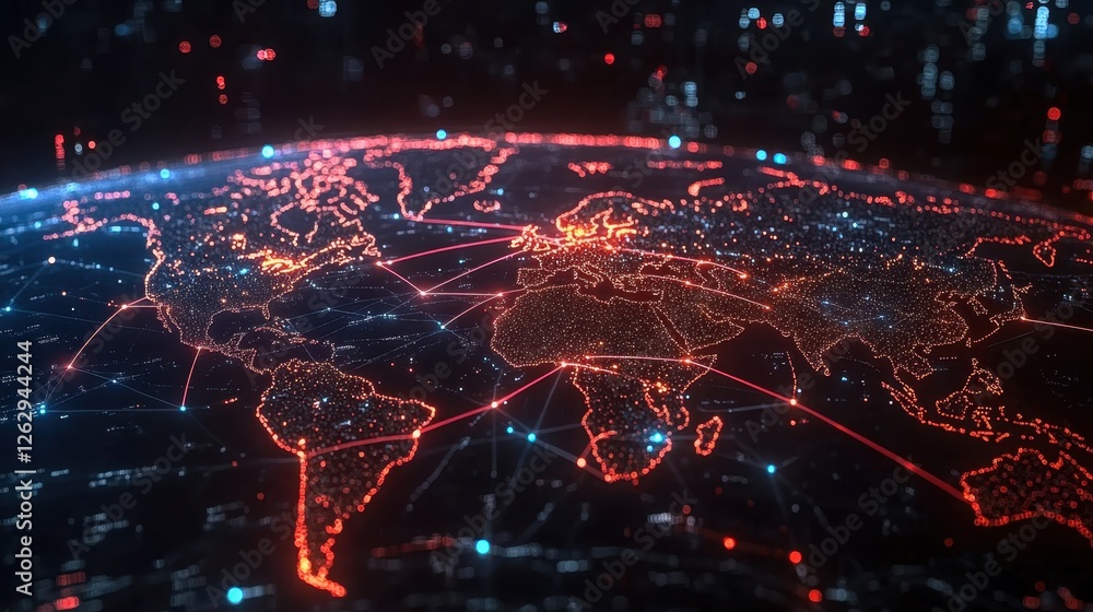 A glowing digital globe showcases interconnected networks across continents, highlighting global connectivity and technology. A glowing digital globe showcases interconnected networks across continents, highlighting global connectivity and technology.