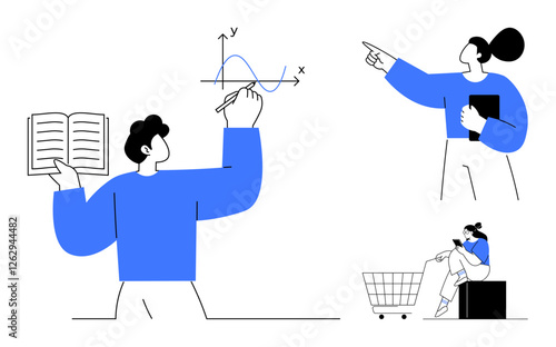 Individuals performing various activities studying, explaining, and using a phone next to a shopping cart. Ideal for education, shopping, communication, analysis, learning, multitasking modern life