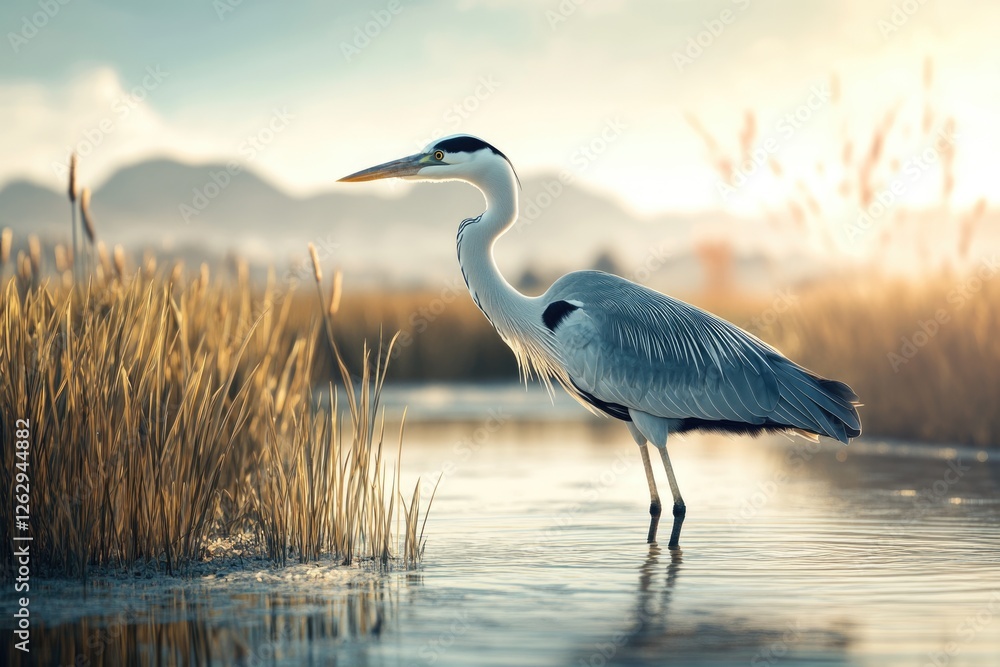Naklejka premium Grey heron standing in calm water at sunrise, serene nature scene.