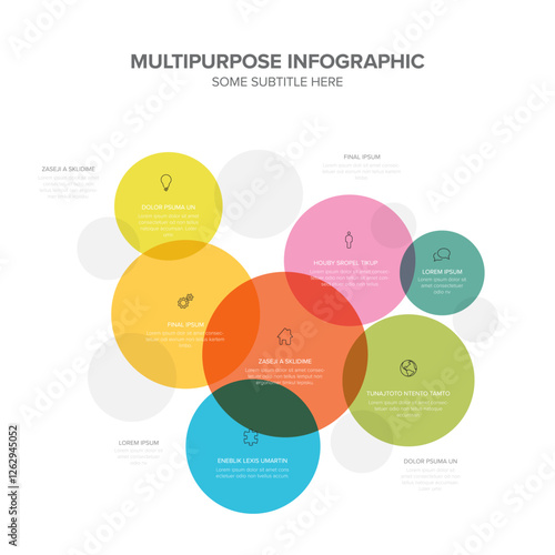 This infographic features colorful overlapping circles, each containing text and icons. The circles vary in size and color, creating a visually appealing design with text and icons visible.