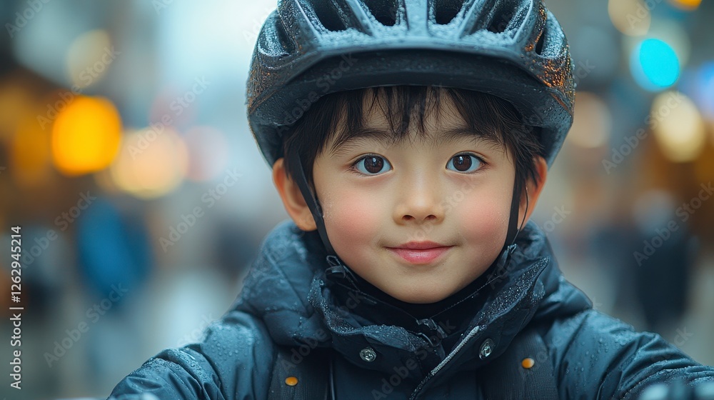 Smiling boy in helmet, city street, blurred background, safe cycling Smiling boy in helmet, city street, blurred background, safe cycling