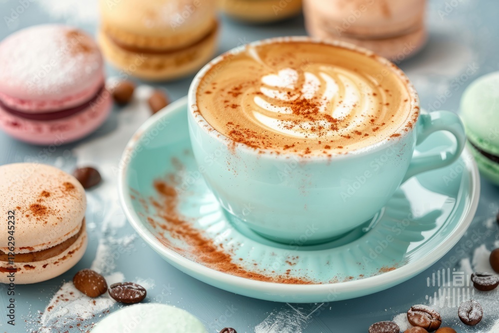 Cappuccino with whipped cream and macarons on saucer. Neural network AI generated
