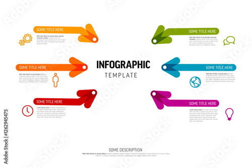 A vibrant infographic template featuring colorful arrows with text boxes. The layout includes six arrows pointing outward, each with a unique color and icon for diverse content presentation.