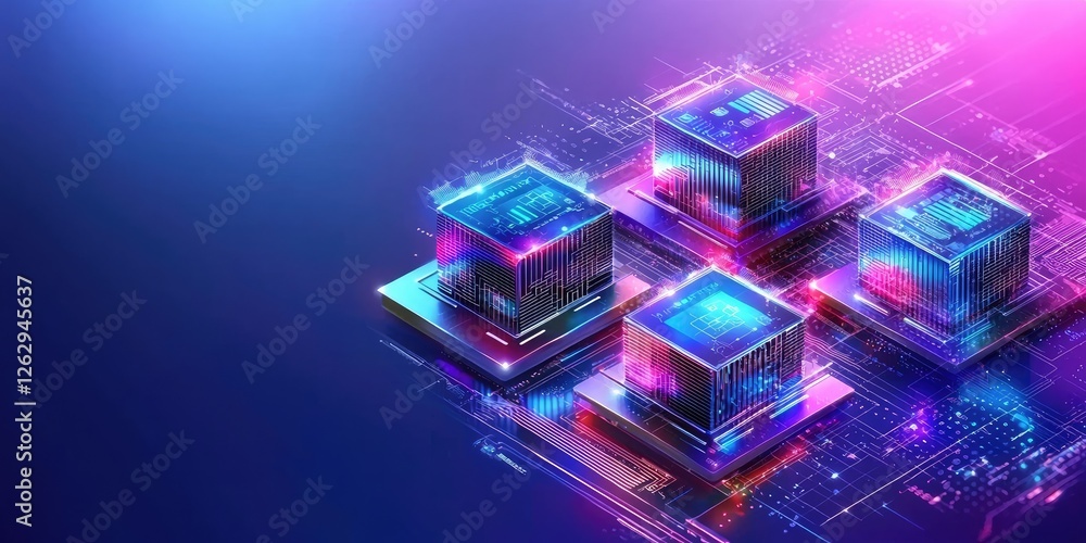 Naklejka premium Blockchain with interconnected IoT devices showcasing smart systems in a modern workspace, neutral background, sleek technology props,