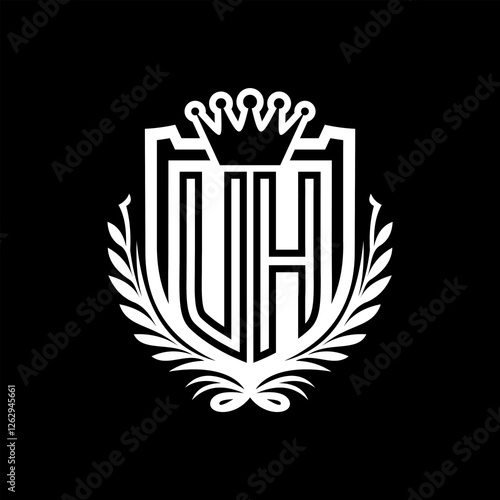 UH Letter logo heraldic shield shape with crown on black background template design photo