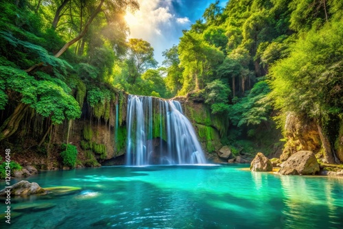 Cascading water forms a crystal-clear pool, a serene nature scene perfect for relaxation.