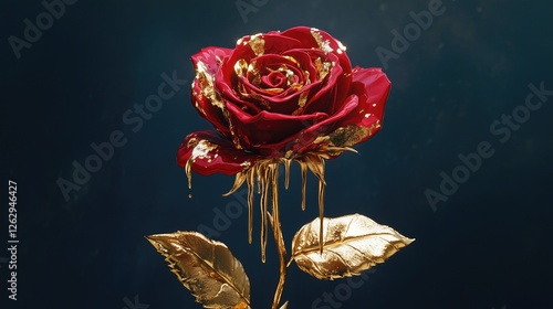 Valentine, a red rose with golden accents and dripping gold - like effect, perfect for Valentine's Day and as a wallpaper.