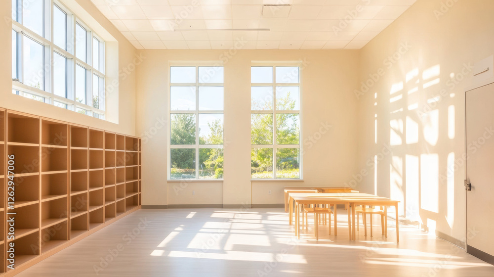 Fototapeta premium Bright classroom with large windows, wooden shelves, and tables creating warm and inviting learning environment