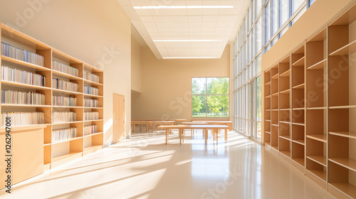spacious, modern library with tall bookshelves, wooden tables, and large windows allowing natural light to fill room