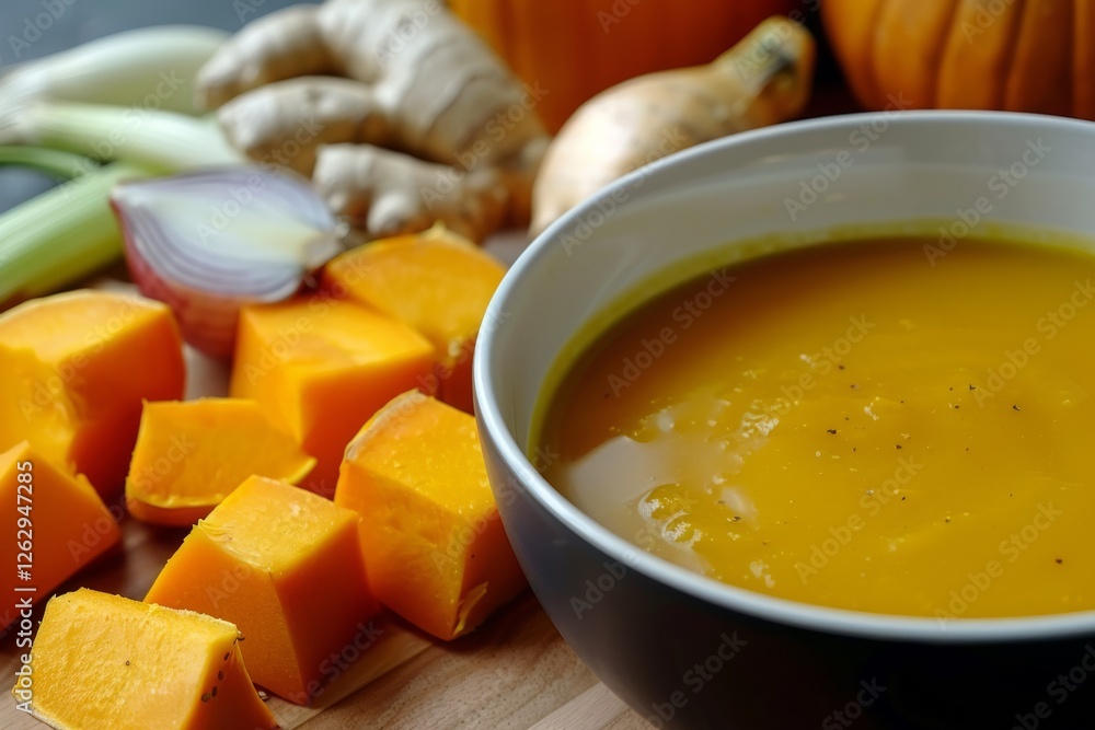Vibrant pumpkin soup in rustic kitchen setting. Neural network AI generated Vibrant pumpkin soup in rustic kitchen setting. Neural network AI generated