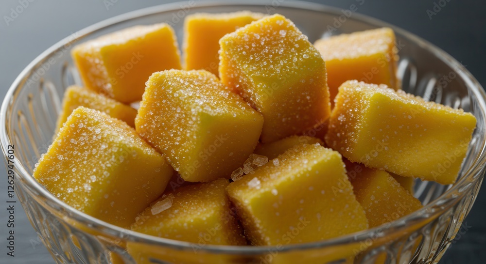 Sugared Mango Chunks in Glass Bowl Ready for Healthy Snack Sugared Mango Chunks in Glass Bowl Ready for Healthy Snack