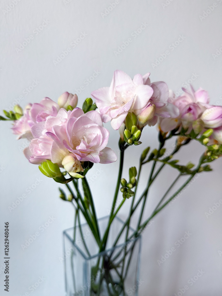 Blooming pink white freesias decorative flower plant isolated on white background, floral wallpaper background with pink freesias	