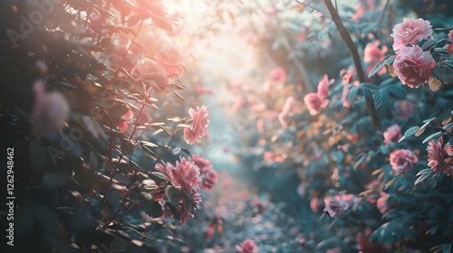 Serene garden pathway adorned with blooming flowers, illuminated by soft sunlight, inviting tranquility