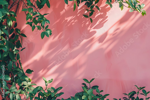 A serene pink wall framed by lush green foliage, casting soft shadows, ideal for backgrounds