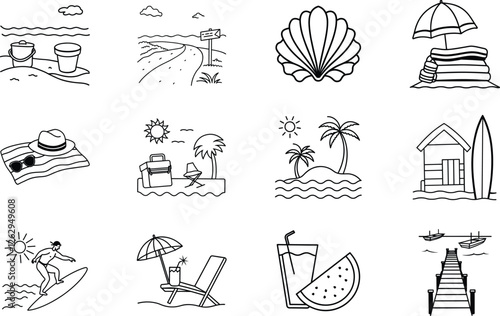 Summer Beach Vacation Icons Sand, Sea, Sun, Surf, Relaxation