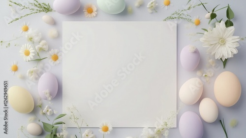 Easter, a white card surrounded by pastel - hued eggs, daisies and delicate flowers, perfect for Easter - themed cards and as wallpaper. photo