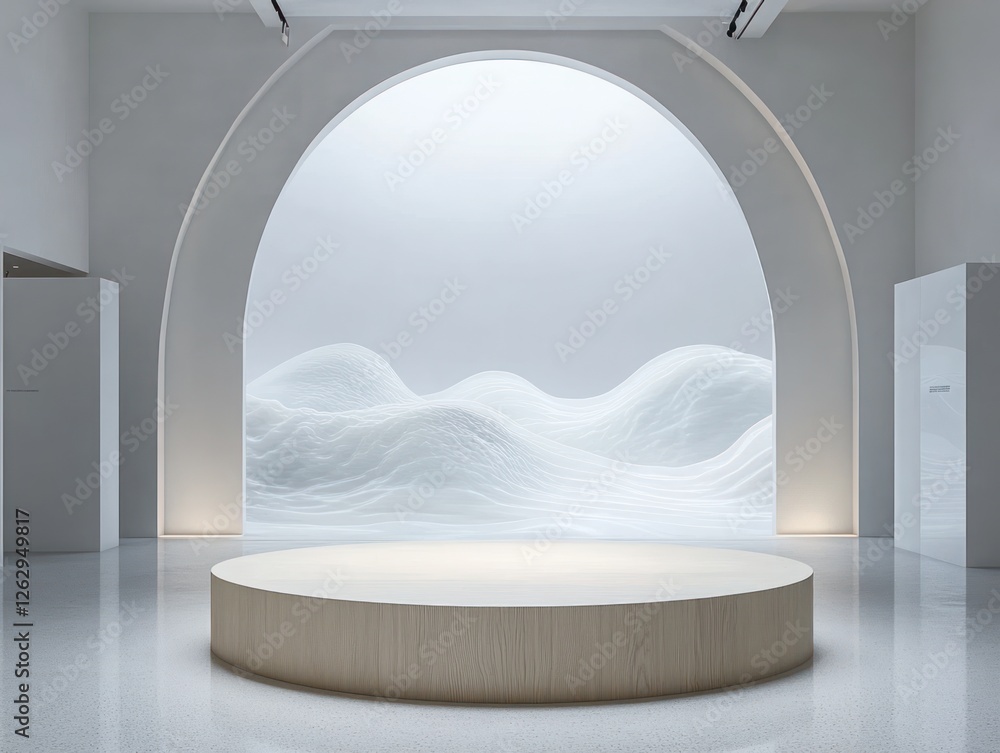 Minimalist Exhibition Space with Abstract Waves Design and Round Pedestal Minimalist Exhibition Space with Abstract Waves Design and Round Pedestal