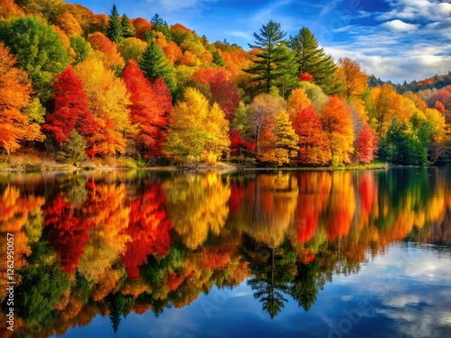 Crisp autumn air, colorful leaves reflected, creating a vivid lake scene.