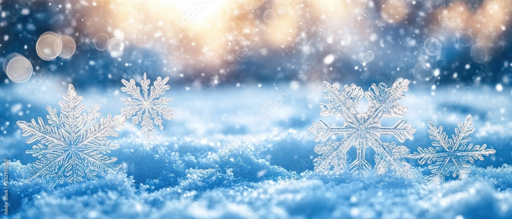 Winter Snow Scene with Snowflakes Close Up on Snowy Ground with Soft Light and Bokeh Effect Winter Snow Scene with Snowflakes Close Up on Snowy Ground with Soft Light and Bokeh Effect