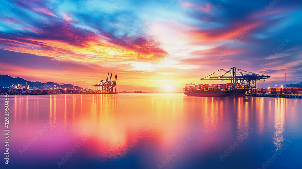 Container truck in ship port for business Logistics and transportation of Container Cargo ship and Cargo plane with working crane bridge in shipyard at sunrise, logistic import export and transport Container truck in ship port for business Logistics and transportation of Container Cargo ship and Cargo plane with working crane bridge in shipyard at sunrise, logistic import export and transport