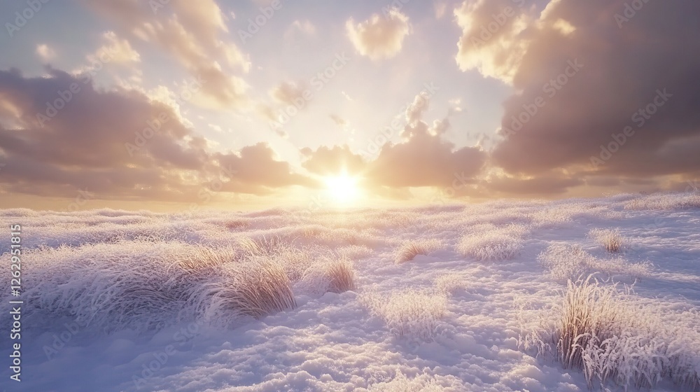 Frosty Winter Sunset Over Snowy Grassland Frosty Winter Sunset Over Snowy Grassland