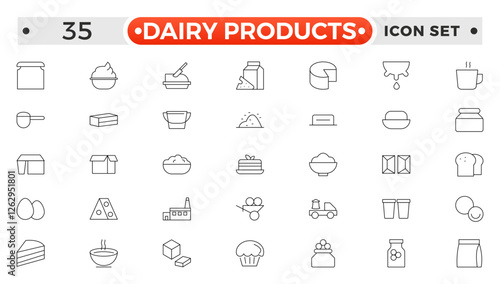 Milk and dairy products outline icon. Natural cow's milk and fermented milk product, cheese, cream, sour cream and cottage cheese. Web line icon.