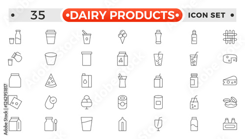Milk and dairy products outline icon. Natural cow's milk and fermented milk product, cheese, cream, sour cream and cottage cheese. Web line icon.