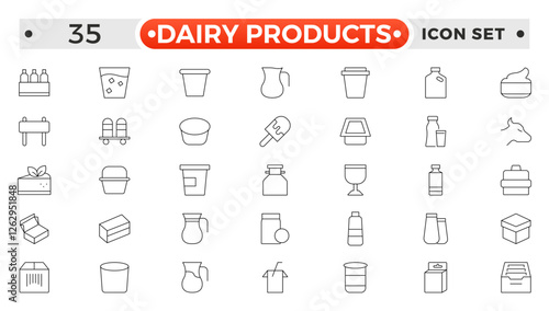 Milk and dairy products outline icon. Natural cow's milk and fermented milk product, cheese, cream, sour cream and cottage cheese. Web line icon.