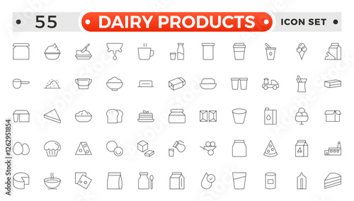 Milk and dairy products outline icon. Natural cow's milk and fermented milk product, cheese, cream, sour cream and cottage cheese. Web line icon.