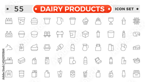 Milk and dairy products outline icon. Natural cow's milk and fermented milk product, cheese, cream, sour cream and cottage cheese. Web line icon.