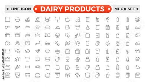 Milk and dairy products outline icon. Natural cow's milk and fermented milk product, cheese, cream, sour cream and cottage cheese. Web line icon.