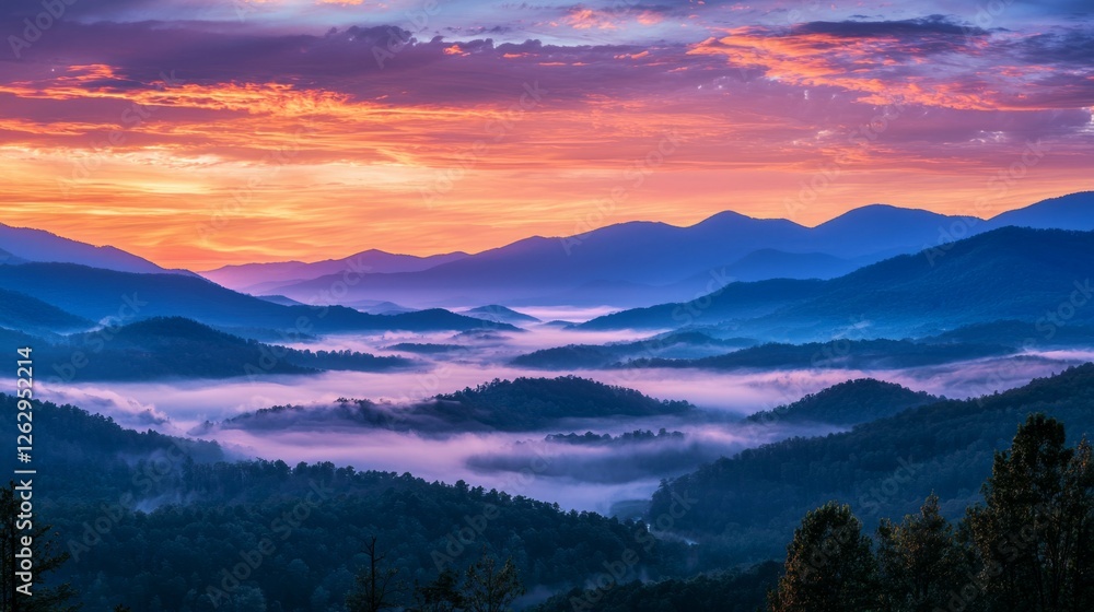 Obraz premium Serene Sunrise Over Mountain Range and Misty Valley Landscape