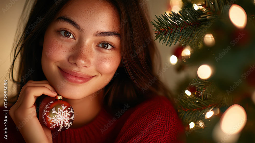 Joyful christmas close-up with festive decorations and smiling expression Joyful christmas close-up with festive decorations and smiling expression