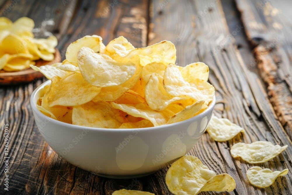 Bowl of crispy potato chips on rustic wooden table. Neural network AI generated Bowl of crispy potato chips on rustic wooden table. Neural network AI generated