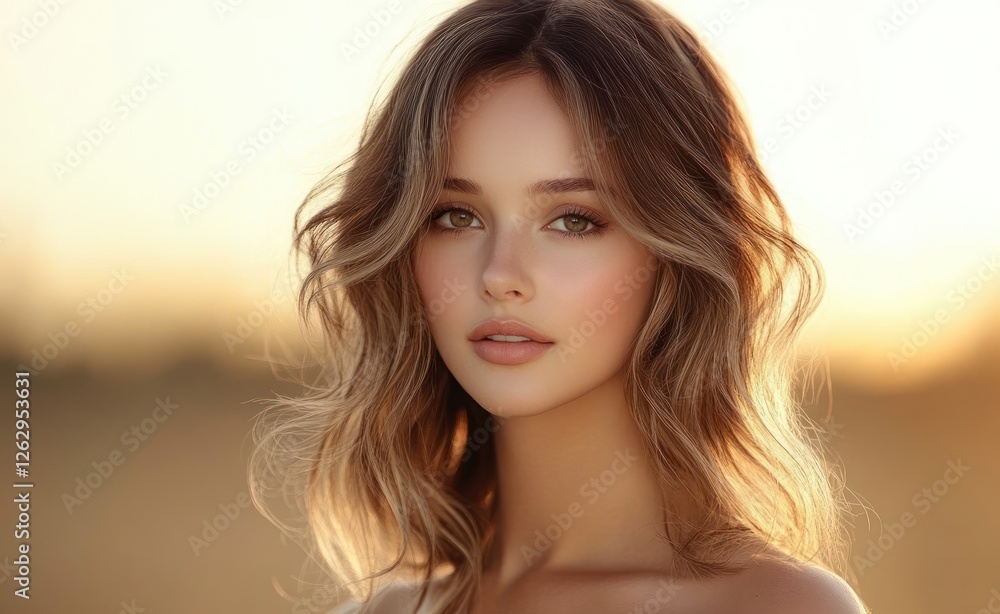 Portrait of Woman with Long Wavy Hair in Golden Hour Soft Lighting Elegant Style Portrait of Woman with Long Wavy Hair in Golden Hour Soft Lighting Elegant Style