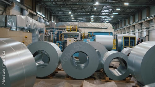 Metal processing facility showcasing rolled steel coils in production environment