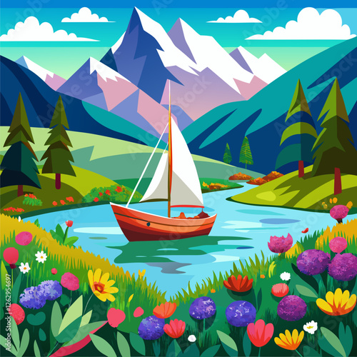 River landscape with mountains and a boat