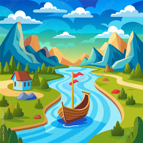 River landscape with mountains and a boat